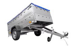 Anhänger mit faltbarer Deichsel Garden Trailer 230 KIPP mit zusätzlichen Bordwänden, Stützrad und blauer Flachplane-Neu