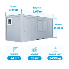 Bureau modulaire 20 pieds + sanitaires (1 porte, 2 fenêtres, 1 WC, 1 lavabo, 1 vasistas, isolation PU)