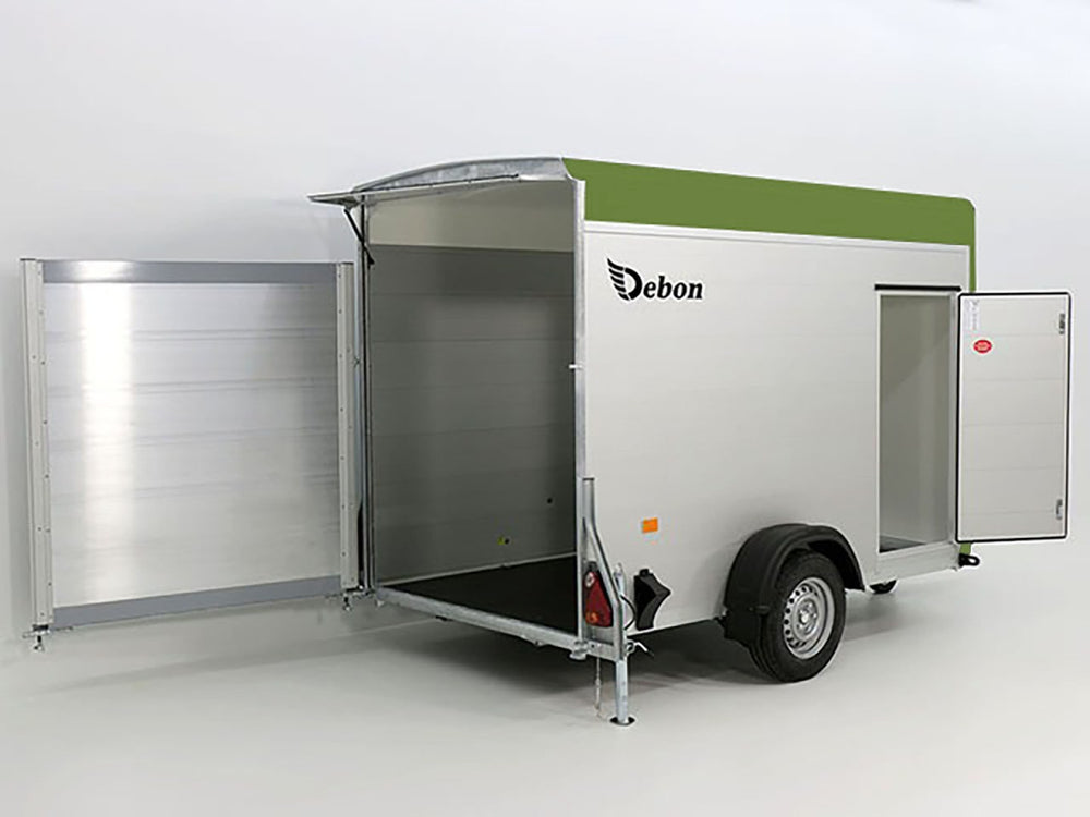 Debon Kofferanhänger C300 148x295cm H:190cm 1,3t Alu, Polybug|Tür|olivgrün-Neu