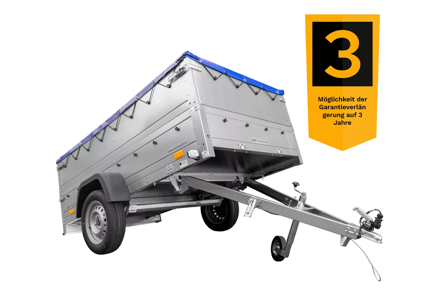 Anhänger mit faltbarer Deichsel Garden Trailer 230 KIPP mit zusätzlichen Bordwänden, Stützrad und blauer Flachplane-Neu