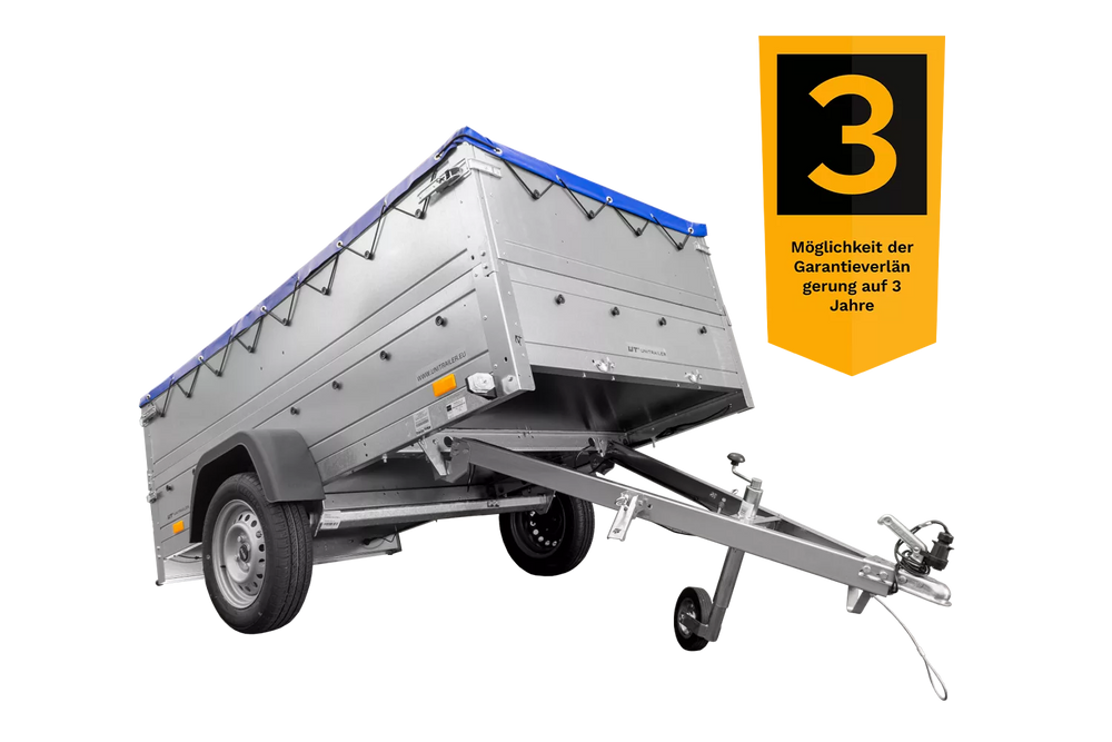 Anhänger mit faltbarer Deichsel Garden Trailer 230 KIPP mit zusätzlichen Bordwänden, Stützrad und blauer Flachplane-Neu