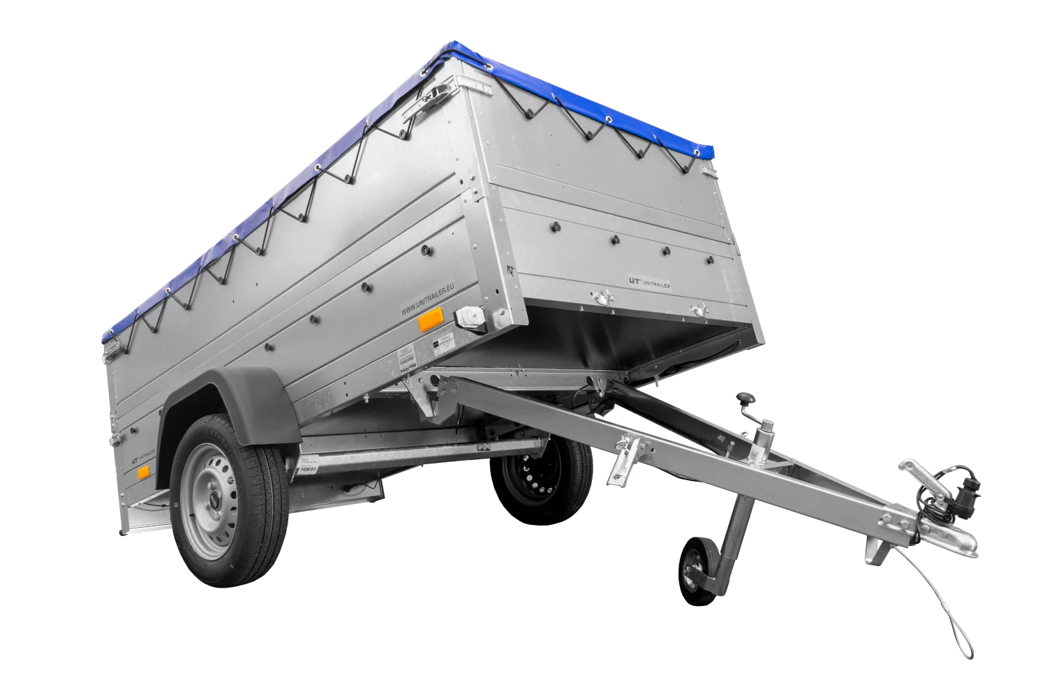 Anhänger mit faltbarer Deichsel Garden Trailer 230 KIPP mit zusätzlichen Bordwänden, Stützrad und blauer Flachplane-Neu