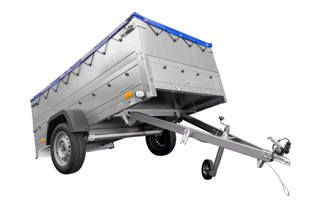 Anhänger mit faltbarer Deichsel Garden Trailer 230 KIPP mit zusätzlichen Bordwänden, Stützrad und blauer Flachplane-Neu
