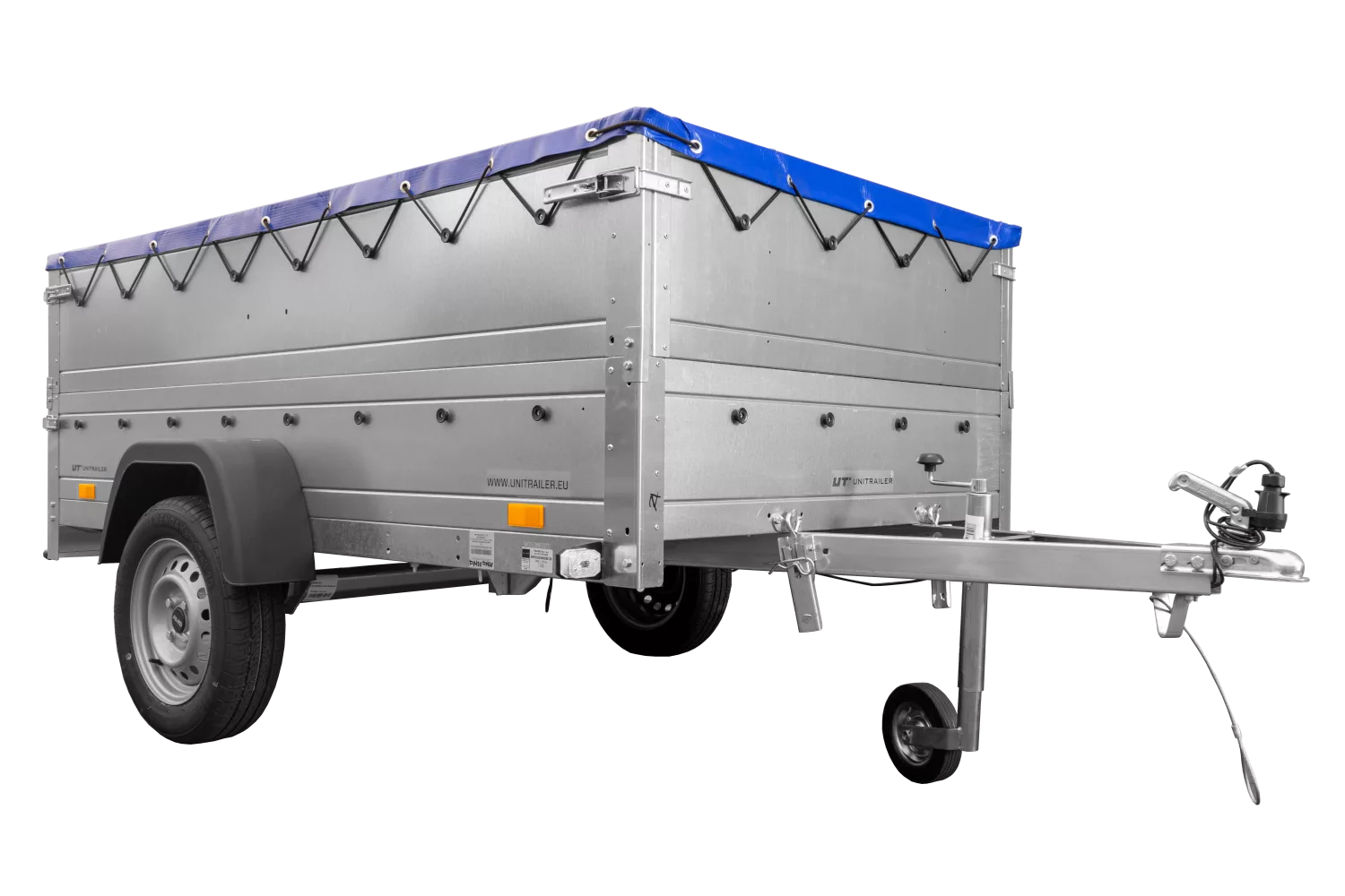 Anhänger mit faltbarer Deichsel Garden Trailer 230 KIPP mit zusätzlichen Bordwänden, Stützrad und blauer Flachplane-Neu