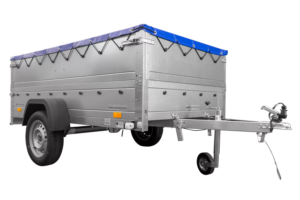 Anhänger mit faltbarer Deichsel Garden Trailer 230 KIPP mit zusätzlichen Bordwänden, Stützrad und blauer Flachplane-Neu