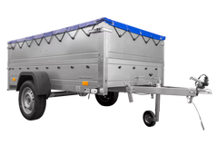 Anhänger mit faltbarer Deichsel Garden Trailer 230 KIPP mit zusätzlichen Bordwänden, Stützrad und blauer Flachplane-Neu