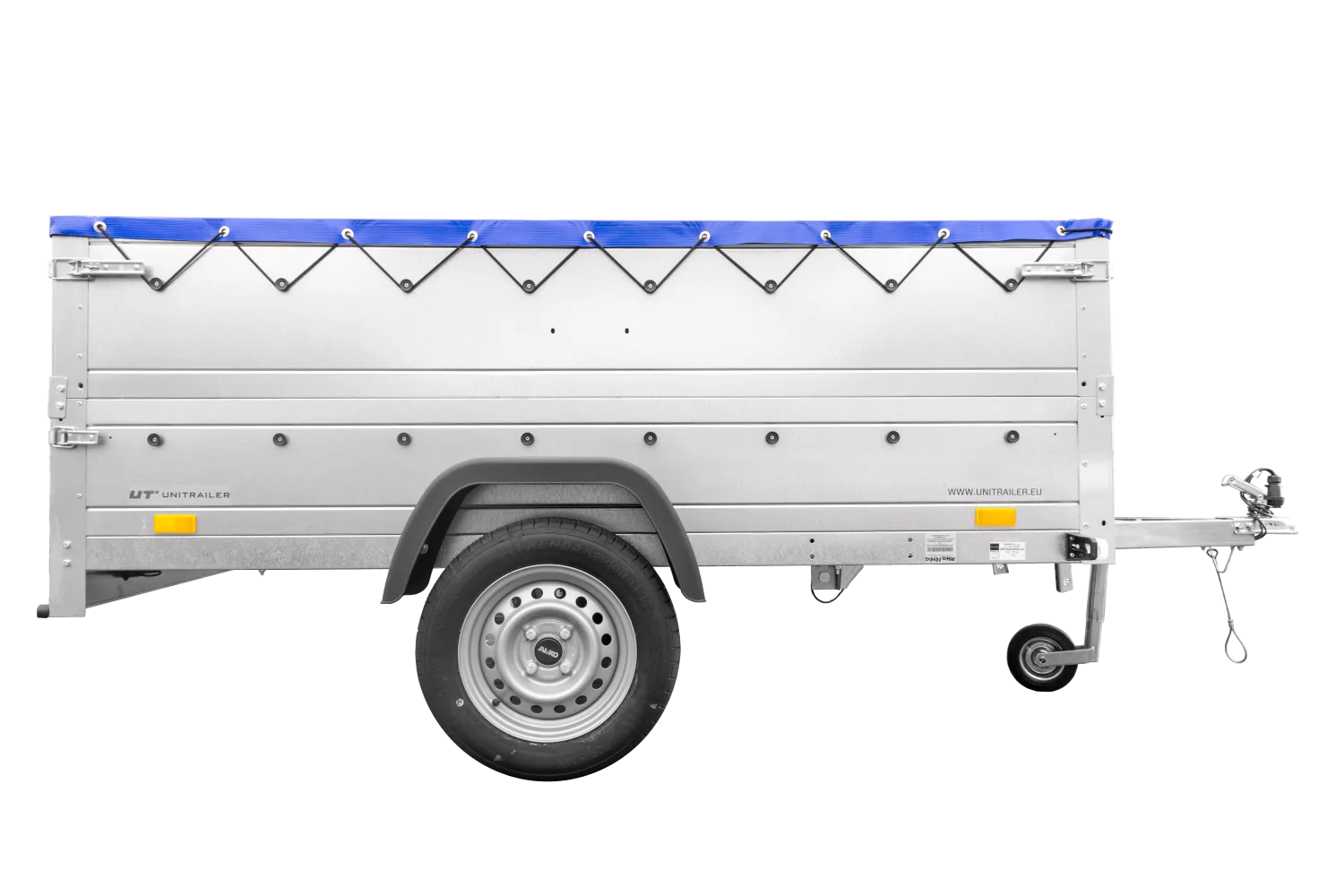 Anhänger mit faltbarer Deichsel Garden Trailer 230 KIPP mit zusätzlichen Bordwänden, Stützrad und blauer Flachplane-Neu