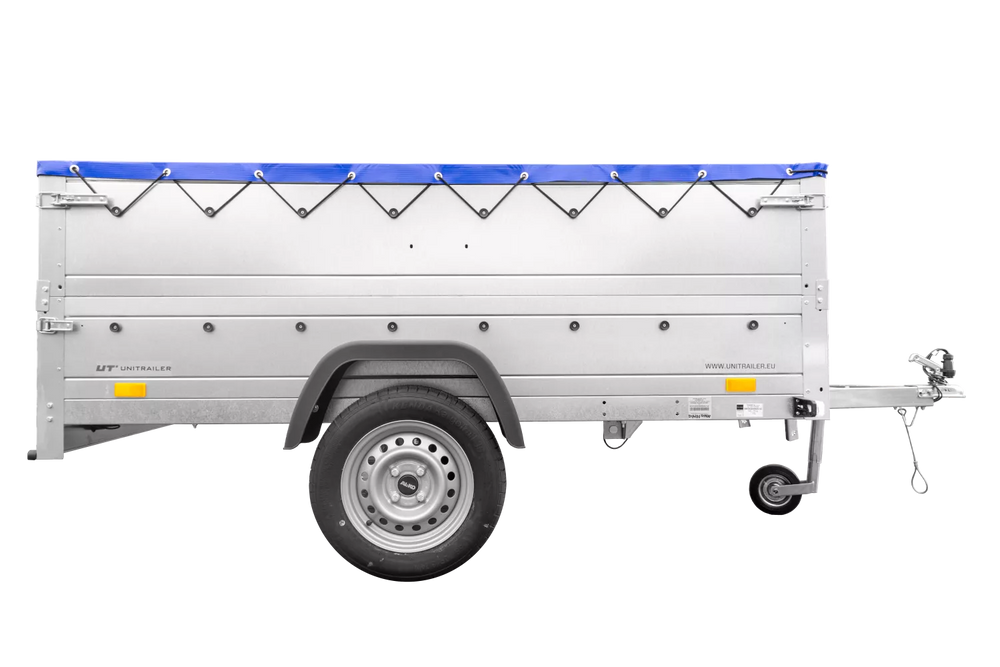 Anhänger mit faltbarer Deichsel Garden Trailer 230 KIPP mit zusätzlichen Bordwänden, Stützrad und blauer Flachplane-Neu