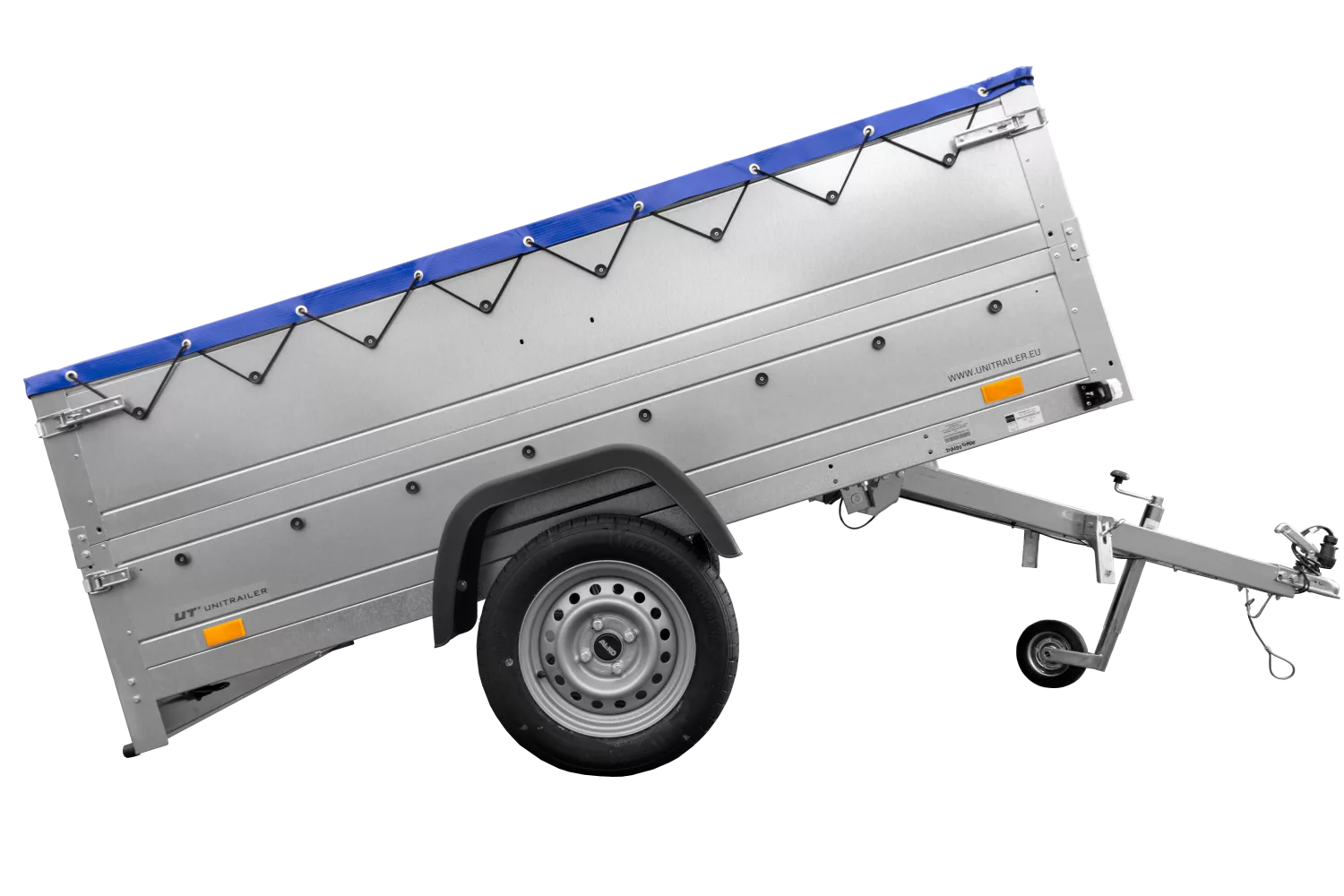 Anhänger mit faltbarer Deichsel Garden Trailer 230 KIPP mit zusätzlichen Bordwänden, Stützrad und blauer Flachplane-Neu