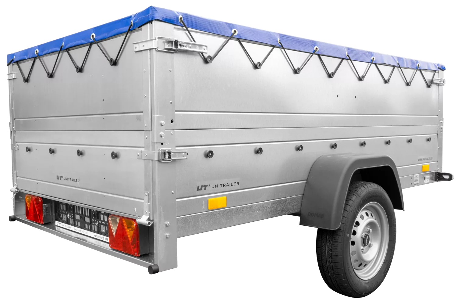 Anhänger mit faltbarer Deichsel Garden Trailer 230 KIPP mit zusätzlichen Bordwänden, Stützrad und blauer Flachplane-Neu