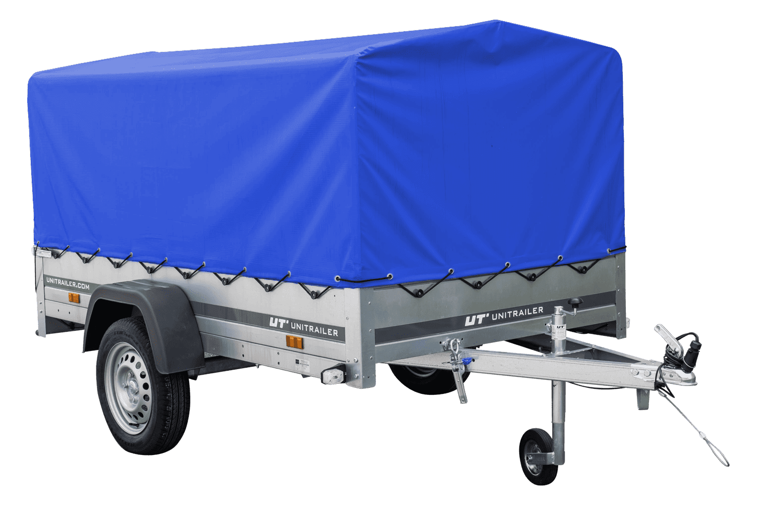 Auto Anhänger 230×125 Garden Trailer 230 KIPP Unitrailer 750 kg mit Stützrad, blauer Hochplane und Hochspriegel-Neu