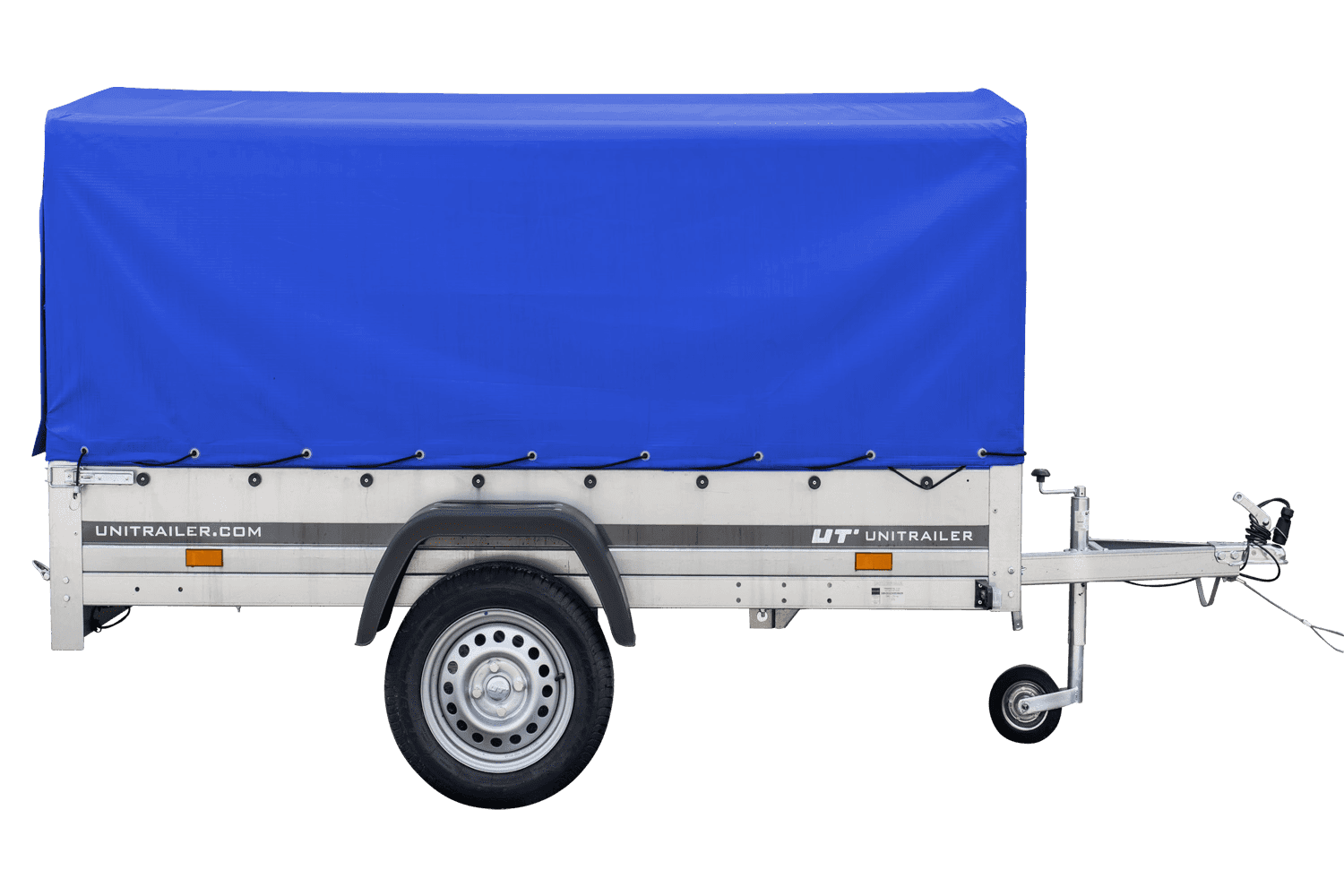 Auto Anhänger 230×125 Garden Trailer 230 KIPP Unitrailer 750 kg mit Stützrad, blauer Hochplane und Hochspriegel-Neu