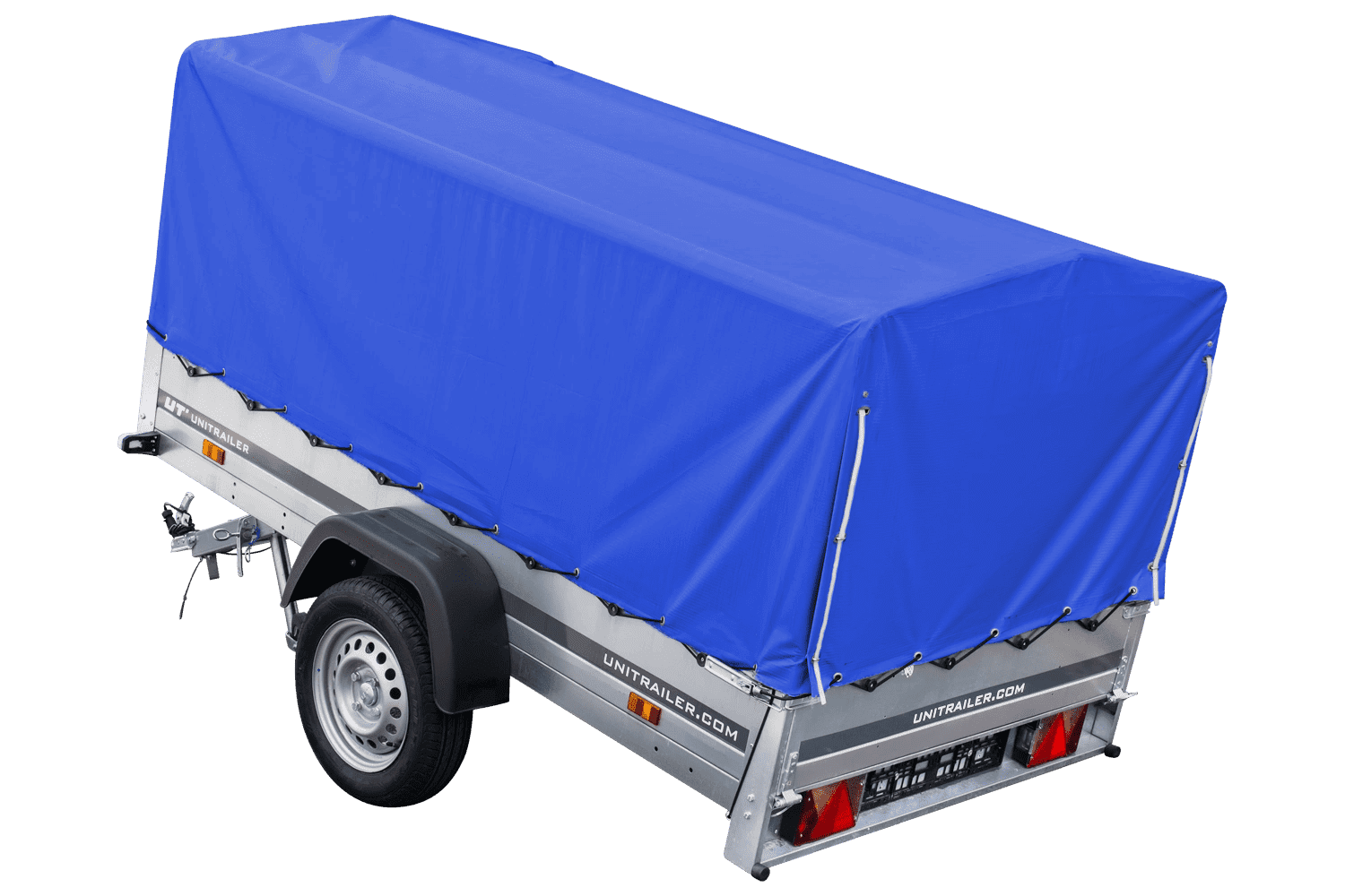 Auto Anhänger 230×125 Garden Trailer 230 KIPP Unitrailer 750 kg mit Stützrad, blauer Hochplane und Hochspriegel-Neu