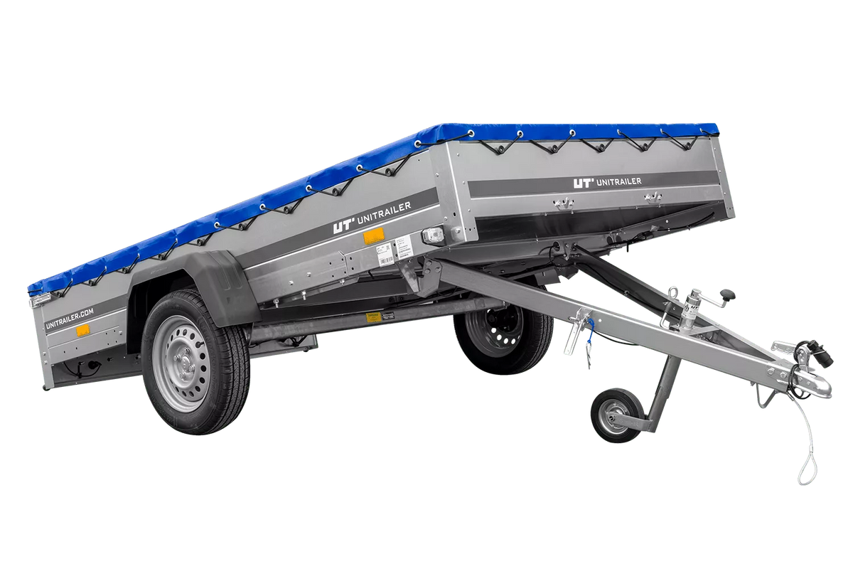 Einachsanhänger 264×150 UNITRAILER GARDEN 265 KIPP mit einem Flachplanenträger und blauer Plane-Neu