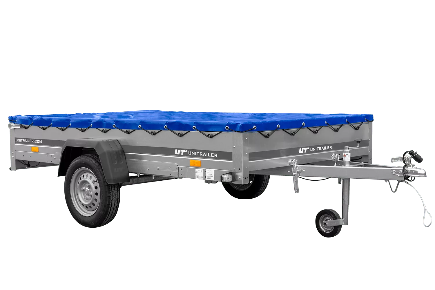 Einachsanhänger 264×150 UNITRAILER GARDEN 265 KIPP mit einem Flachplanenträger und blauer Plane-Neu