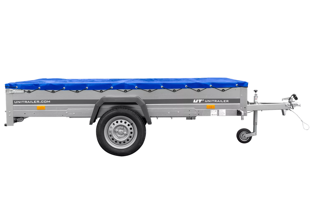Einachsanhänger 264×150 UNITRAILER GARDEN 265 KIPP mit einem Flachplanenträger und blauer Plane-Neu