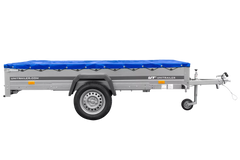 Einachsanhänger 264×150 UNITRAILER GARDEN 265 KIPP mit einem Flachplanenträger und blauer Plane-Neu