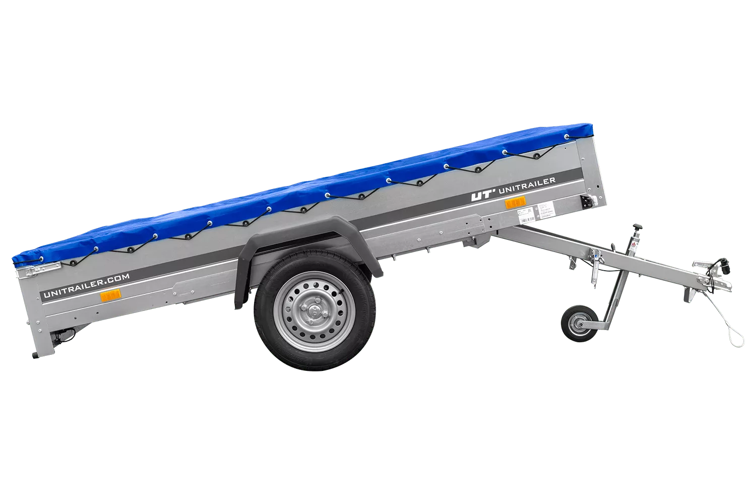 Einachsanhänger 264×150 UNITRAILER GARDEN 265 KIPP mit einem Flachplanenträger und blauer Plane-Neu