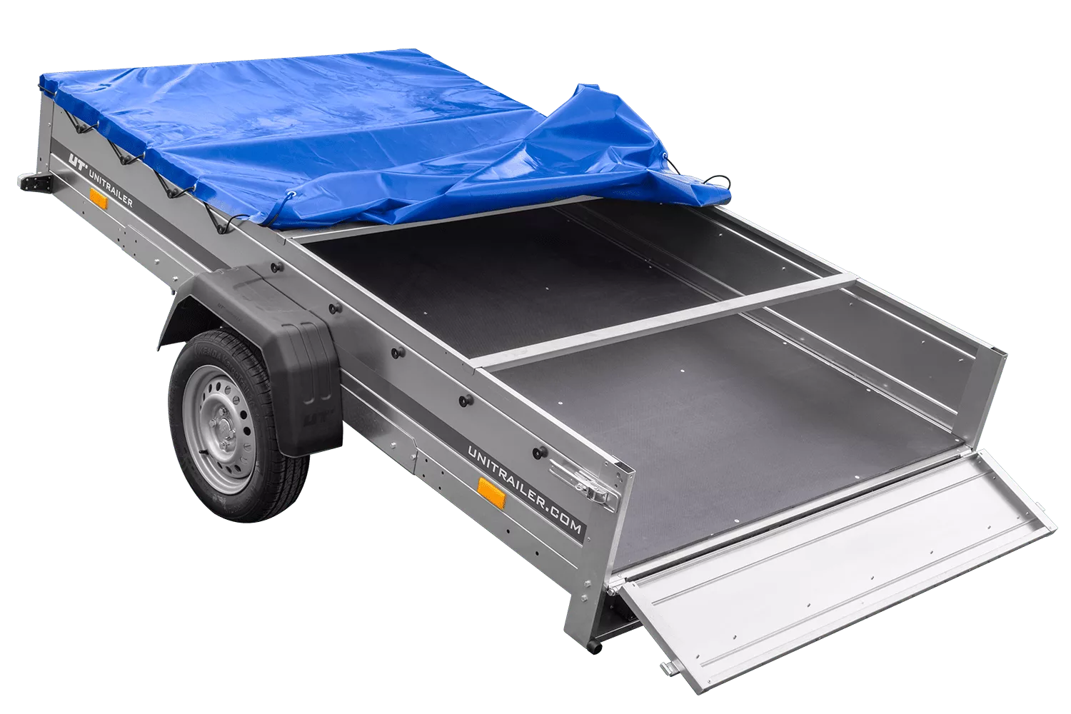Einachsanhänger 264×150 UNITRAILER GARDEN 265 KIPP mit einem Flachplanenträger und blauer Plane-Neu