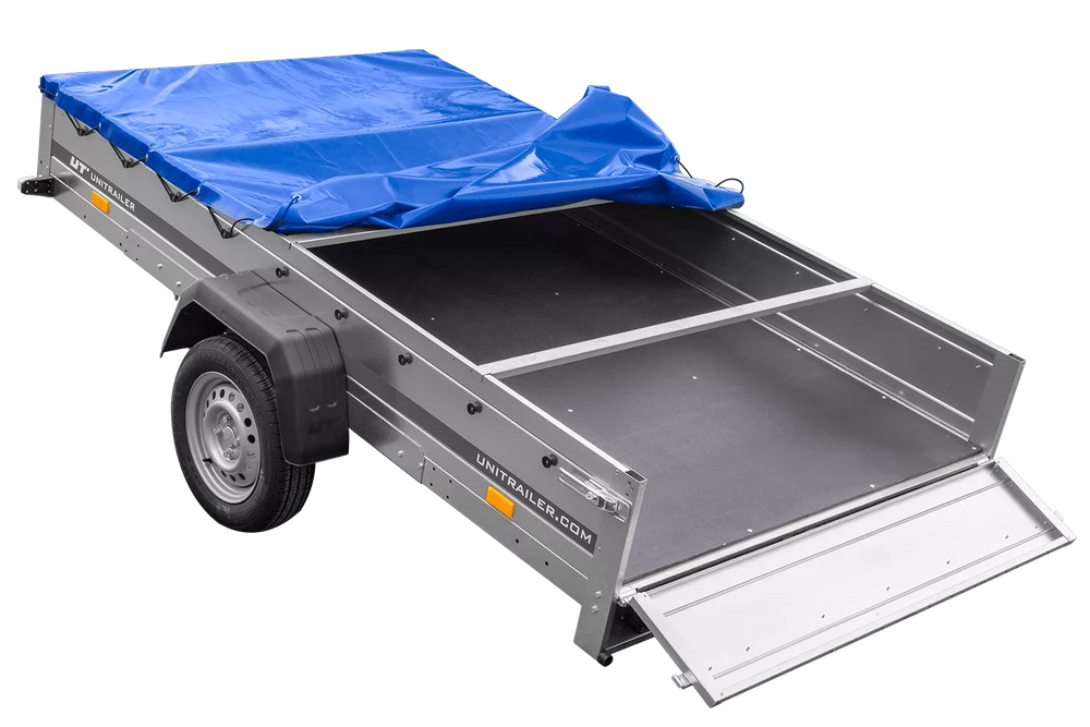 Einachsanhänger 264×150 UNITRAILER GARDEN 265 KIPP mit einem Flachplanenträger und blauer Plane-Neu