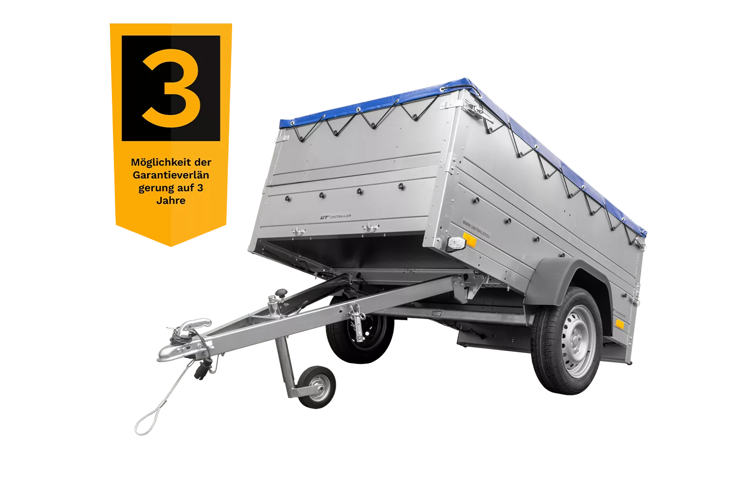 Kfz Anhänger 750 kg Garden Trailer 201 KIPP mit zusätzlichen Bordwänden, Stützrad und blauer Flachplane-Neu