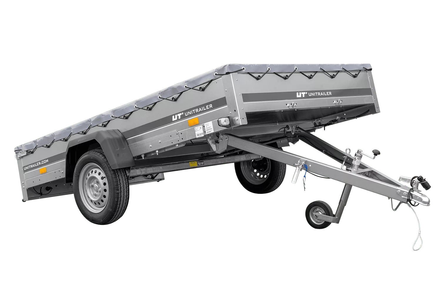 PKW Anhänger 264×150 Unitrailer Garden 265 KIPP mit Flachplanenträger und grauer Plane-Neu