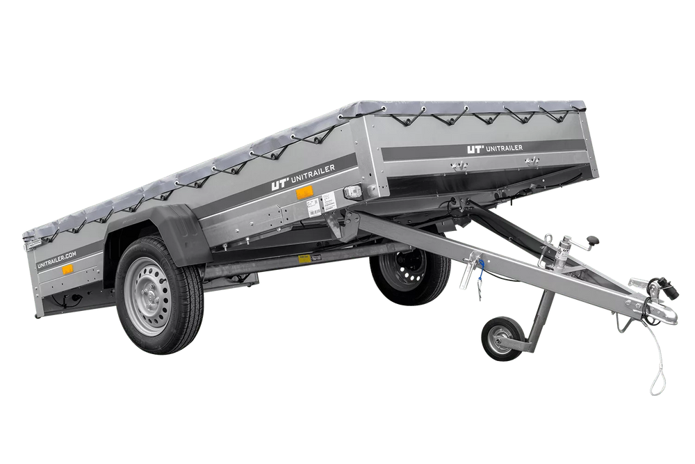 PKW Anhänger 264×150 Unitrailer Garden 265 KIPP mit Flachplanenträger und grauer Plane-Neu
