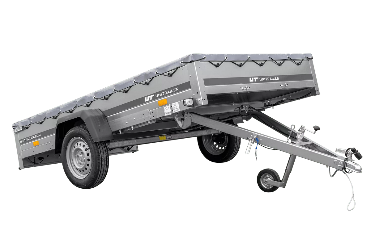PKW Anhänger 264×150 Unitrailer Garden 265 KIPP mit Flachplanenträger und grauer Plane-Neu