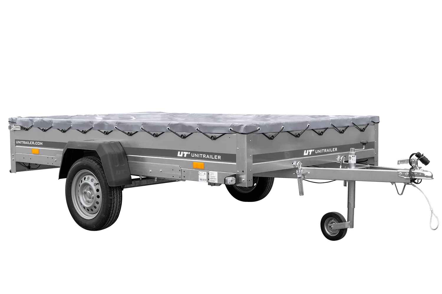 PKW Anhänger 264×150 Unitrailer Garden 265 KIPP mit Flachplanenträger und grauer Plane-Neu