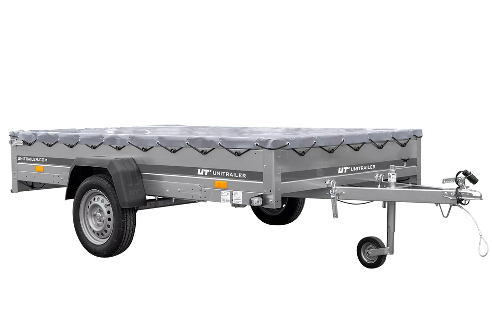 PKW Anhänger 264×150 Unitrailer Garden 265 KIPP mit Flachplanenträger und grauer Plane-Neu