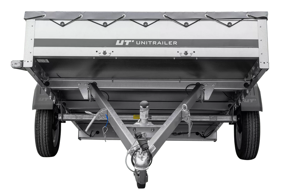 PKW Anhänger 264×150 Unitrailer Garden 265 KIPP mit Flachplanenträger und grauer Plane-Neu