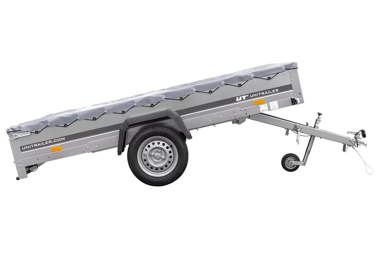 PKW Anhänger 264×150 Unitrailer Garden 265 KIPP mit Flachplanenträger und grauer Plane-Neu