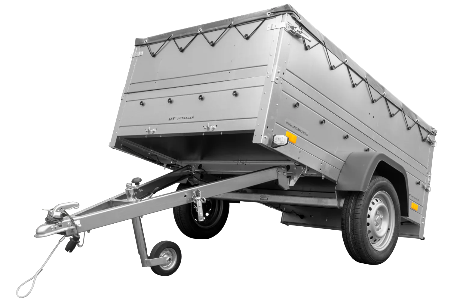 Pkw Anhänger kippbar 750 kg Garden Trailer 201 KIPP mit zusätzlichen Bordwänden, Stützrad und grauer Flachplane-Neu
