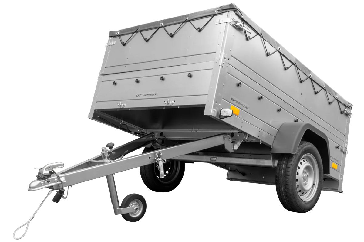 Pkw Anhänger kippbar 750 kg Garden Trailer 201 KIPP mit zusätzlichen Bordwänden, Stützrad und grauer Flachplane-Neu