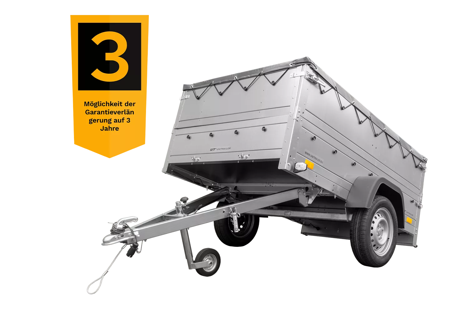 Pkw Anhänger kippbar 750 kg Garden Trailer 201 KIPP mit zusätzlichen Bordwänden, Stützrad und grauer Flachplane-Neu
