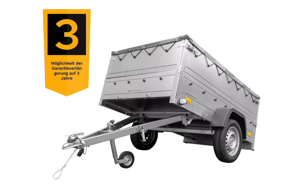 Pkw Anhänger kippbar 750 kg Garden Trailer 201 KIPP mit zusätzlichen Bordwänden, Stützrad und grauer Flachplane-Neu