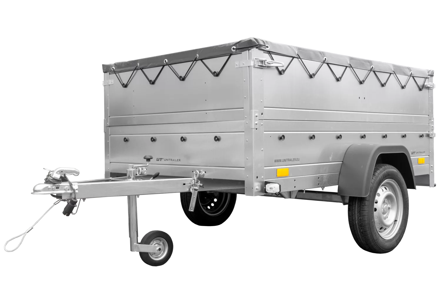 Pkw Anhänger kippbar 750 kg Garden Trailer 201 KIPP mit zusätzlichen Bordwänden, Stützrad und grauer Flachplane-Neu