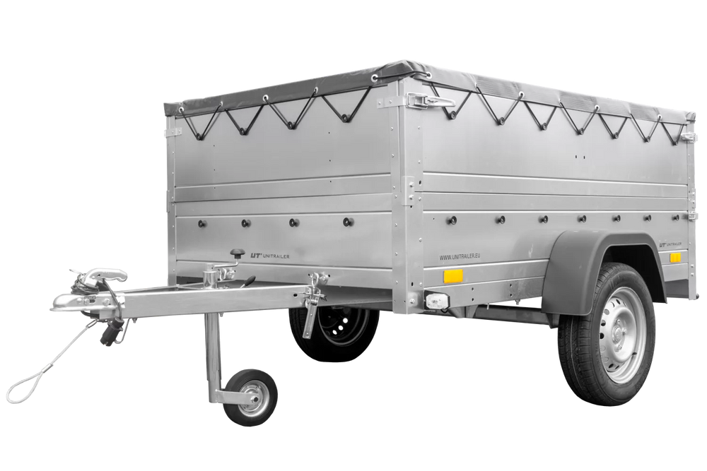 Pkw Anhänger kippbar 750 kg Garden Trailer 201 KIPP mit zusätzlichen Bordwänden, Stützrad und grauer Flachplane-Neu