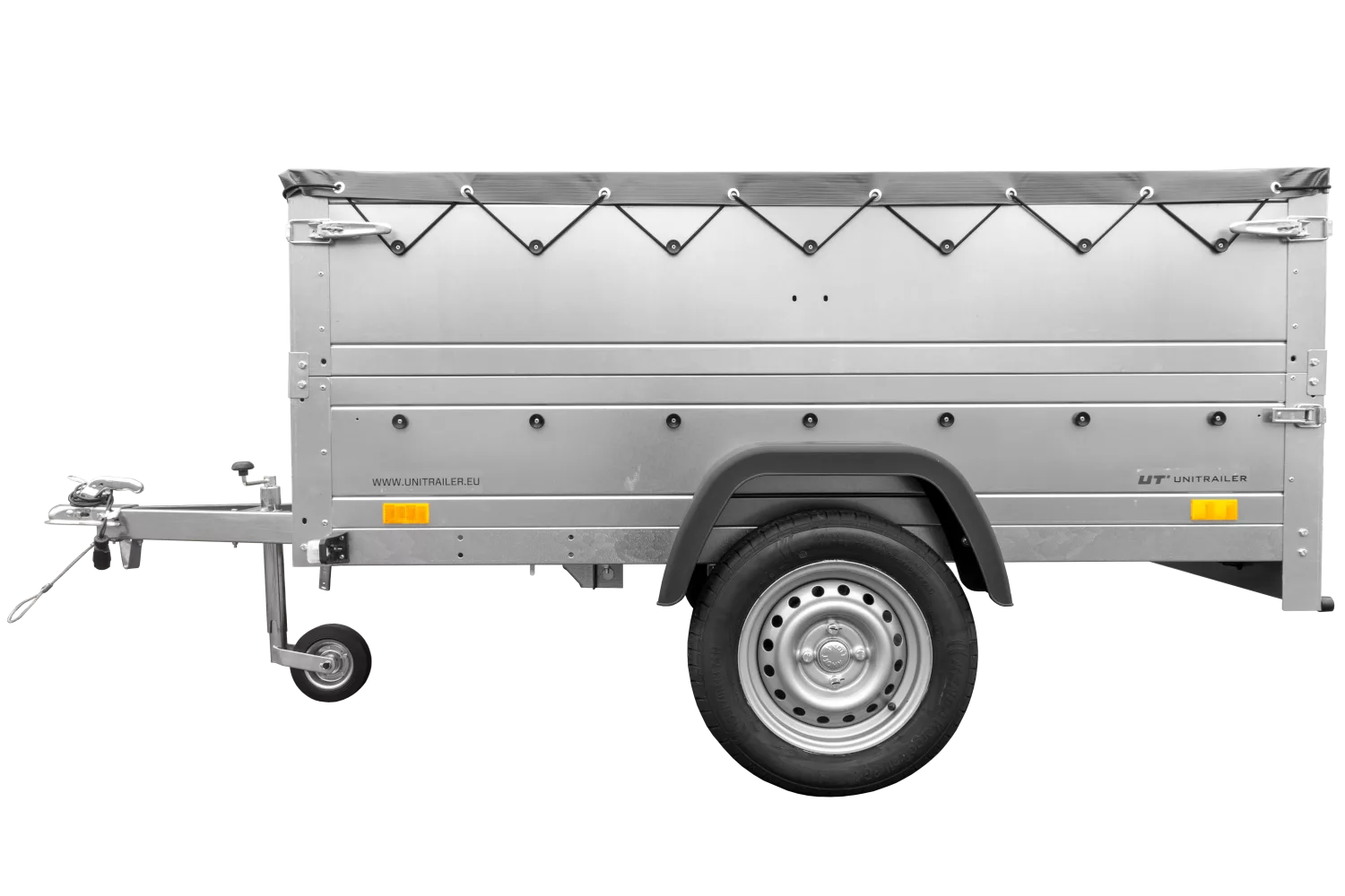 Pkw Anhänger kippbar 750 kg Garden Trailer 201 KIPP mit zusätzlichen Bordwänden, Stützrad und grauer Flachplane-Neu