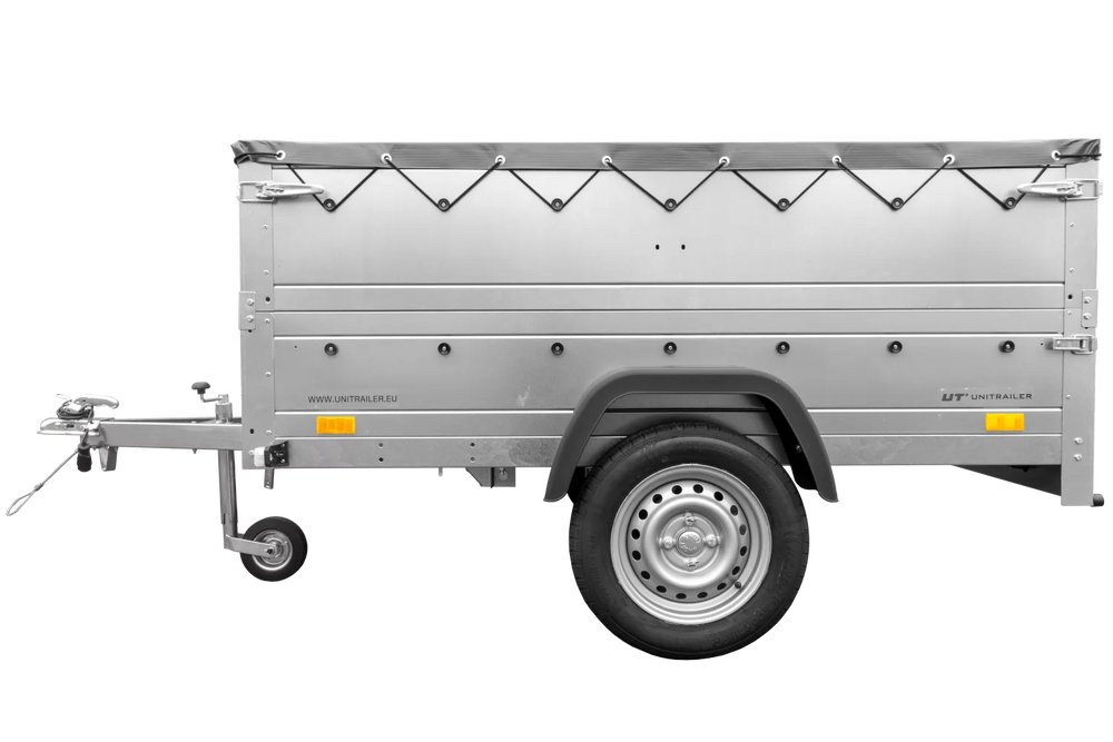 Pkw Anhänger kippbar 750 kg Garden Trailer 201 KIPP mit zusätzlichen Bordwänden, Stützrad und grauer Flachplane-Neu