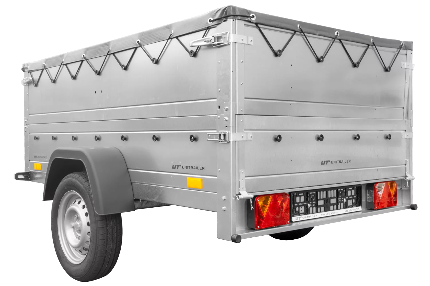 Pkw Anhänger kippbar 750 kg Garden Trailer 201 KIPP mit zusätzlichen Bordwänden, Stützrad und grauer Flachplane-Neu