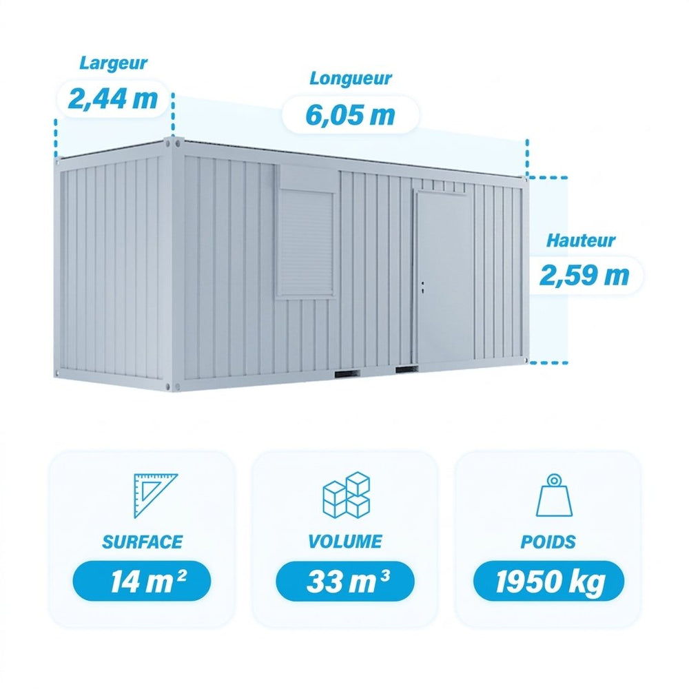 Bureau modulaire 20 pieds en kit (1 porte, 1 fenêtre, isolation PU)