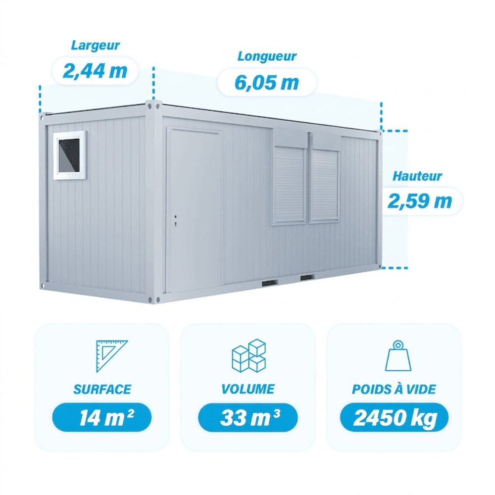 Bureau modulaire 20 pieds + sanitaires (1 porte, 2 fenêtres, 1 WC, 1 lavabo, 1 vasistas, isolation PU)